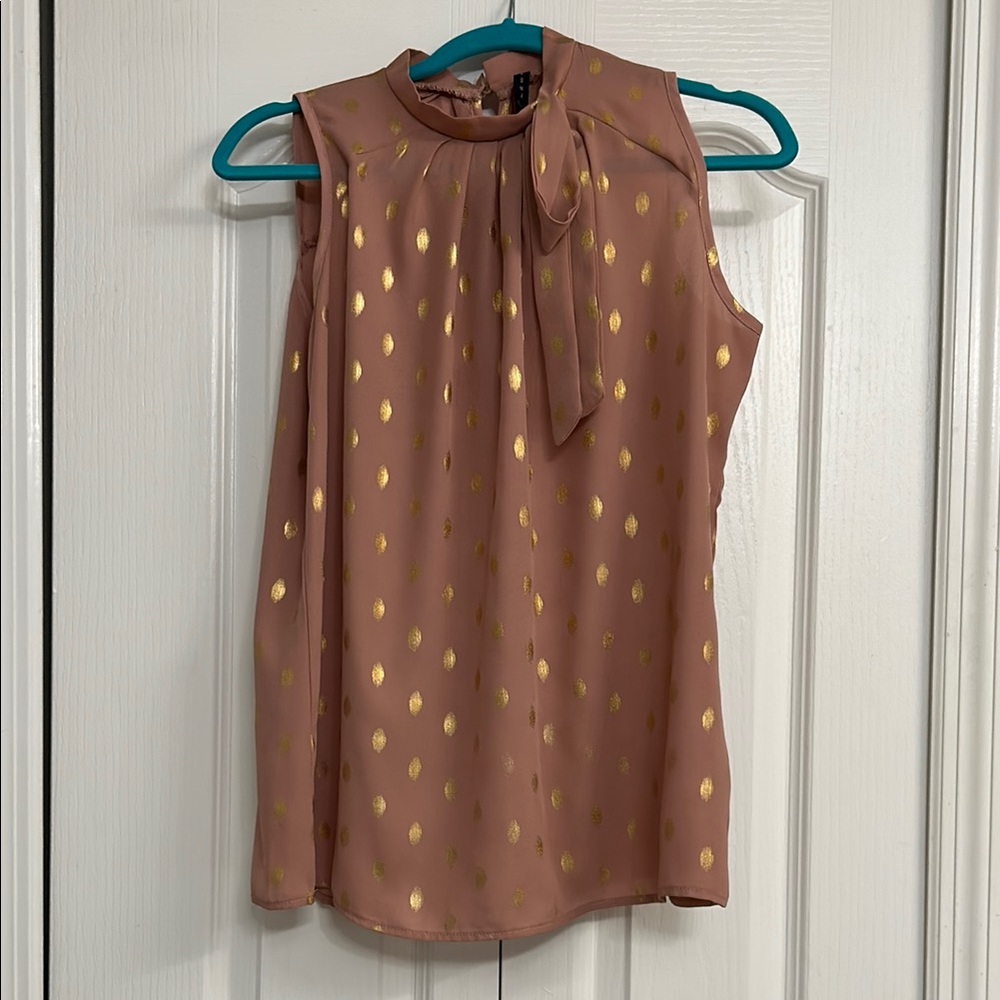Pink and Gold Sleeveless Tie Front Embellished Blouse